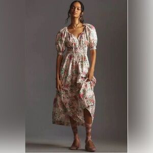 Anthropologie Pink and Green Floral Midi Dress